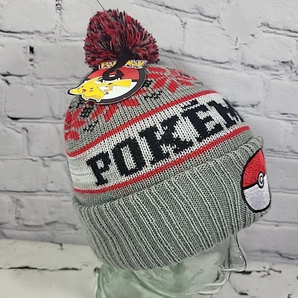 Pokemon‎ Pokeball Bioworld Beanie Cap Fair Isle Pompom Gray Ski Cap O/S Ages 14+